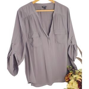 Torrid Harper Top 2 Solid Grey Poly Chiffon Roll Tab Sleeve Womens Plus Size 2X